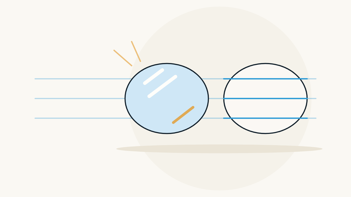 Illustration of two lenses: the left one shows bright reflections, the right one with anti-reflective coating lets light pass straight through.