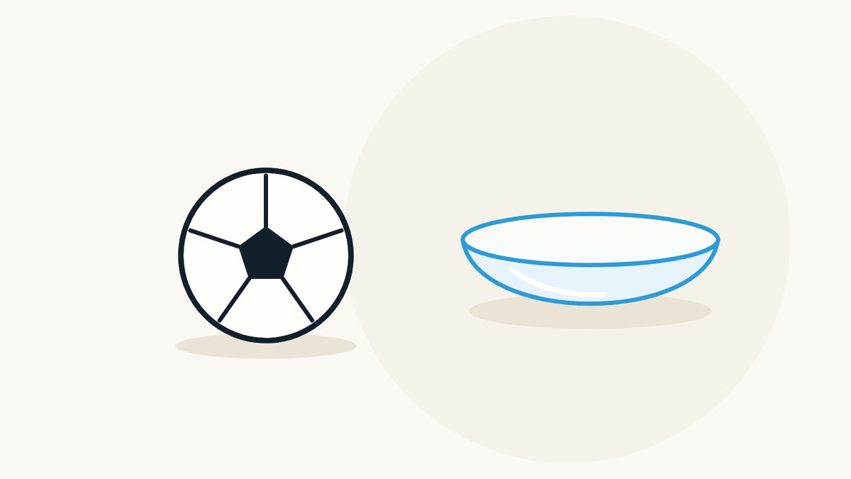 Illustration of a soccer ball beside a soft contact lens.