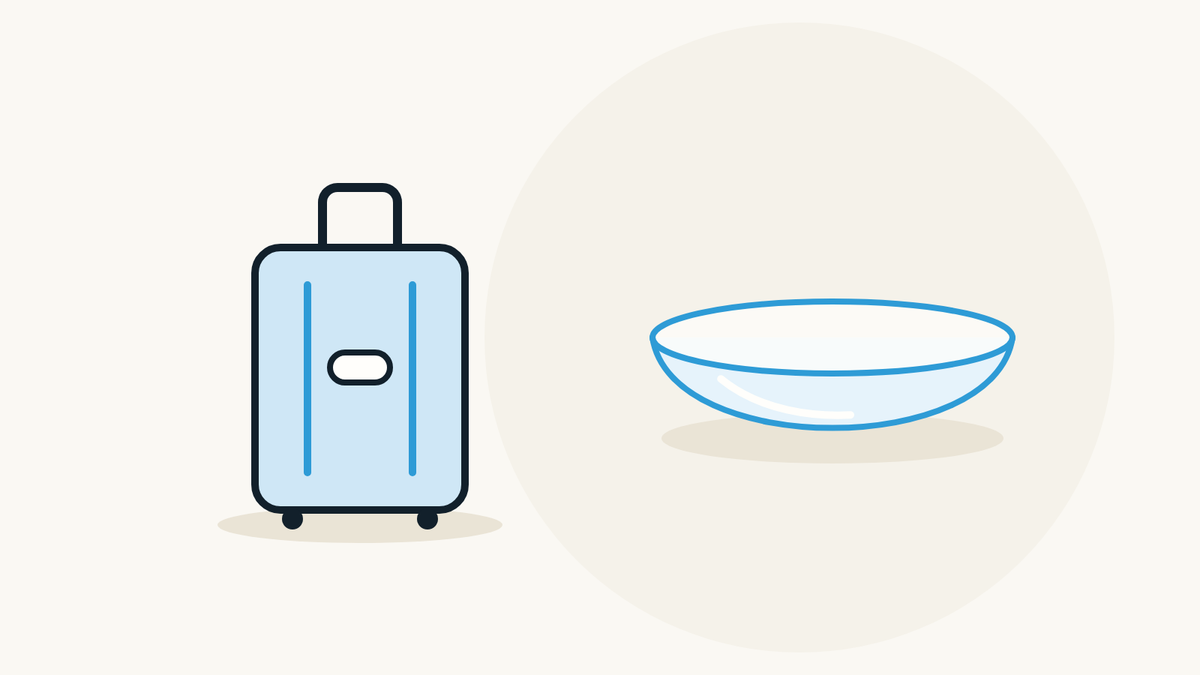 Illustration of a carry-on suitcase beside a soft contact lens.