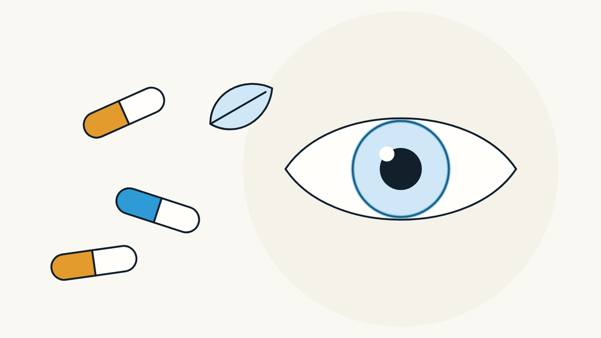 Illustration of an eye seen from the front, with three supplement capsules and a leaf beside it.