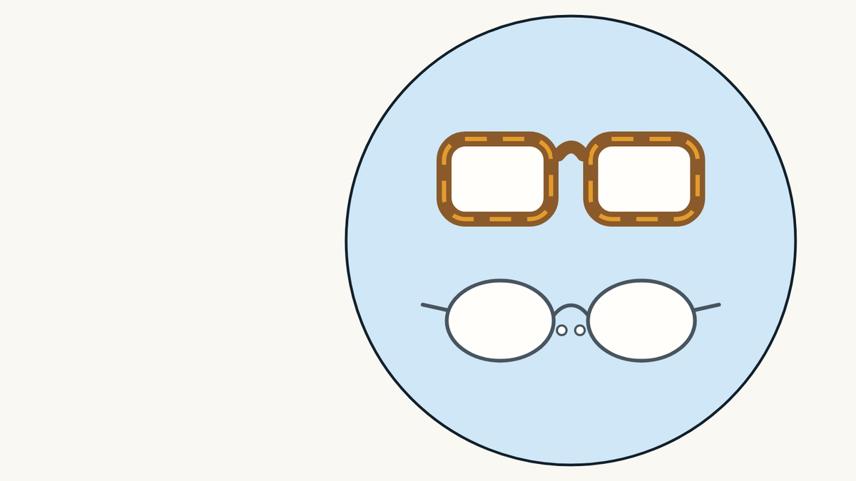 Illustration of two pairs of glasses: a thick brown acetate frame above a thin grey metal frame.
