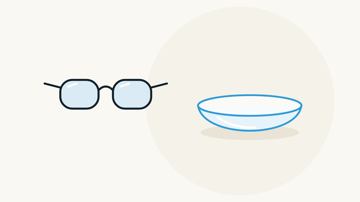 Illustration of a pair of glasses next to a soft contact lens.