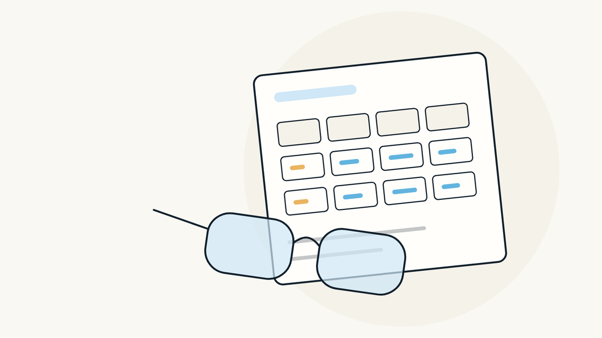 Illustration of a blank prescription form with rows of empty boxes, and a pair of glasses resting on it.