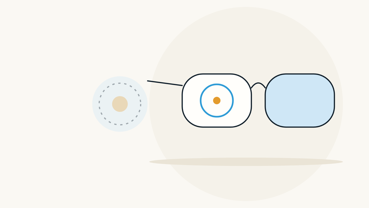 Illustration of a pair of glasses: through one lens a ring is sharp, outside the glasses the same ring looks soft and blurred.
