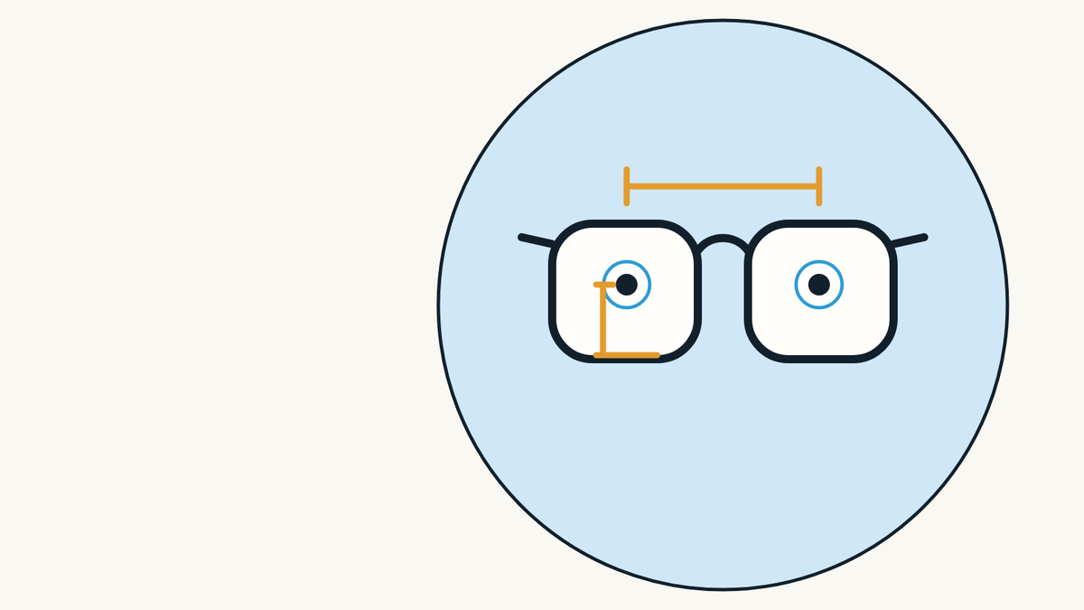 Illustration of a pair of glasses with a line measuring the distance between the two pupils and a line measuring the height of one pupil in the frame.
