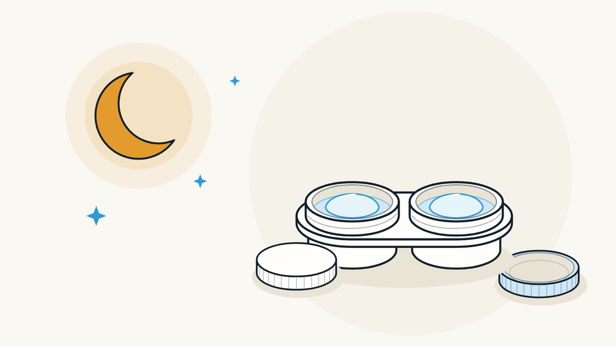 Illustration of a crescent moon and a contact lens case holding both lenses, its caps beside it.