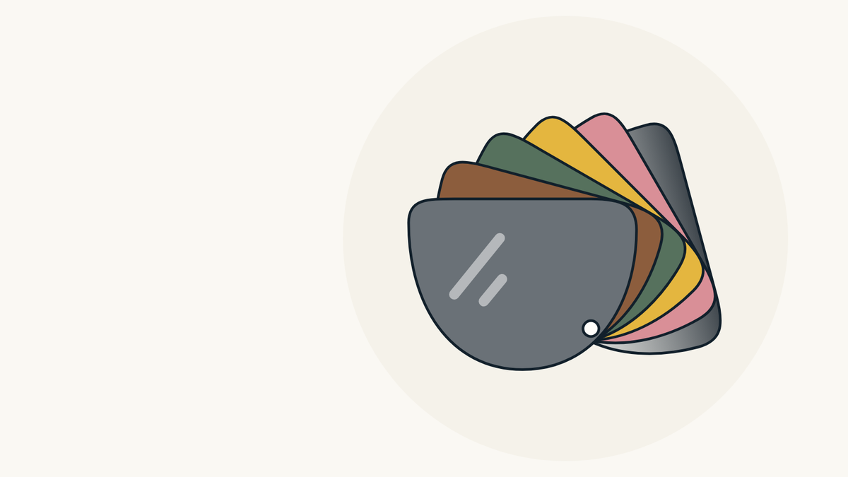 Illustration of a fan of sun lens samples: grey, brown, green, yellow, rose and gradient.