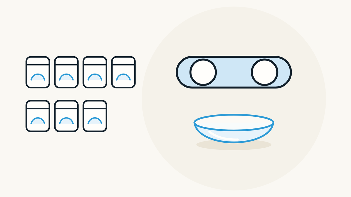 Illustration of seven small daily contact lens packs beside a lens case and a soft contact lens.