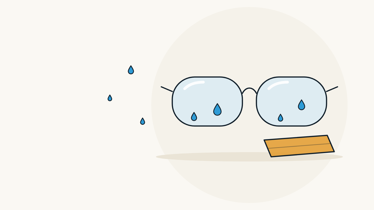 Illustration of a pair of glasses with water drops on the lenses, next to a folded microfibre cloth.