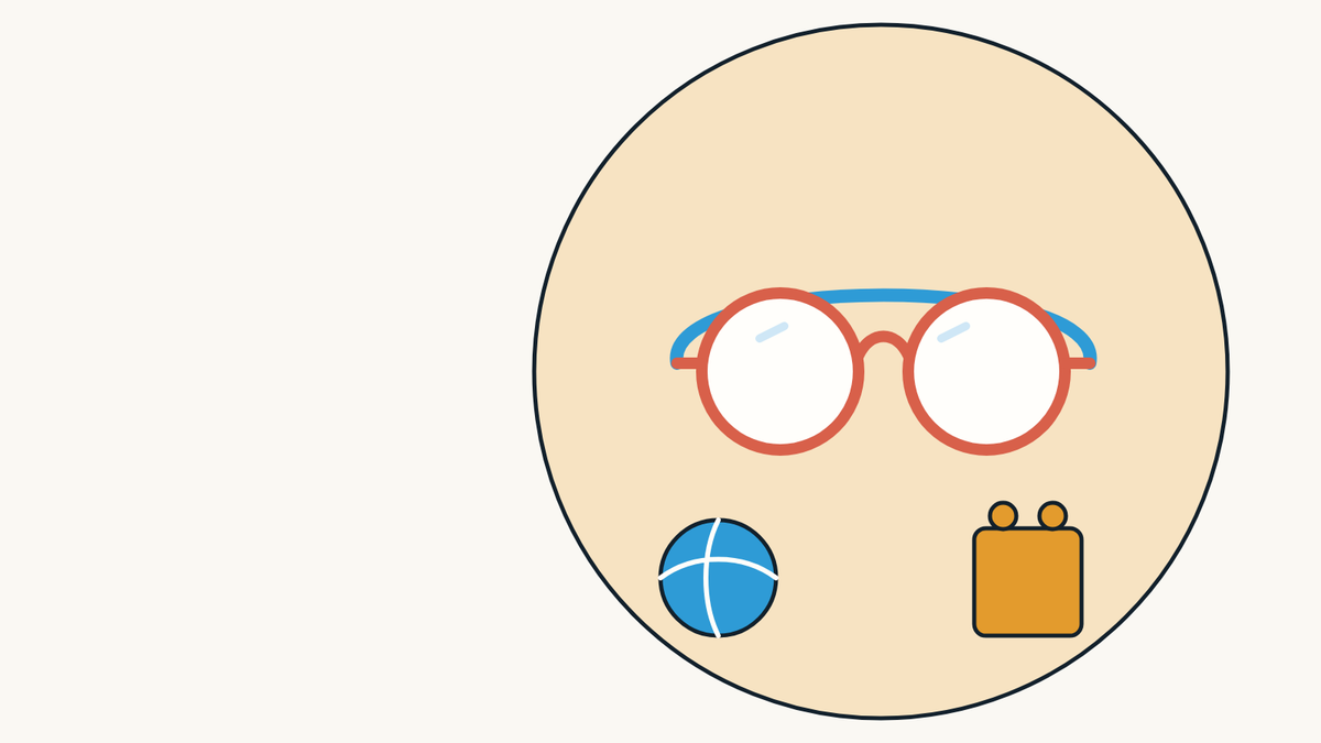 Illustration of a small pair of round red children's glasses with a blue strap, next to a ball and a toy block.