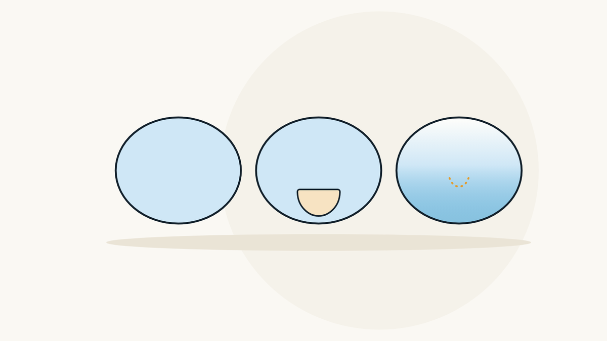 Illustration of three lenses side by side: a plain lens, a bifocal with a reading segment, and a progressive lens shaded from top to bottom.