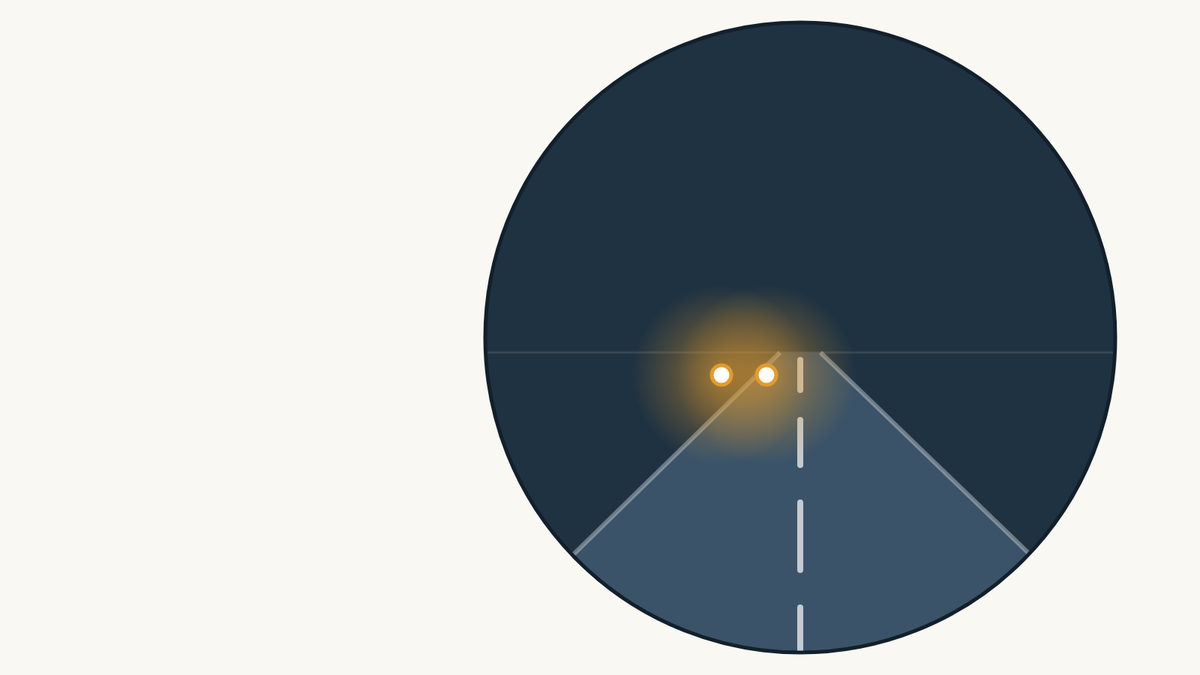 Illustration of a road at night with the headlights of an oncoming car and their glare.
