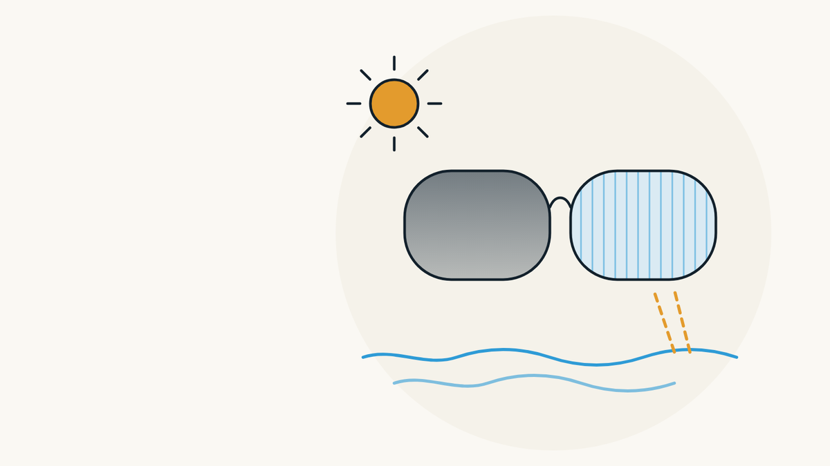 Illustration of a pair of glasses: one lens darkened by the sun, the other with polarizing filter lines that stop light reflected off water.