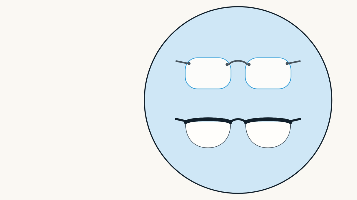 Illustration of two pairs of glasses: a rimless pair with drilled lenses above a semi-rimless pair with a frame along the top only.